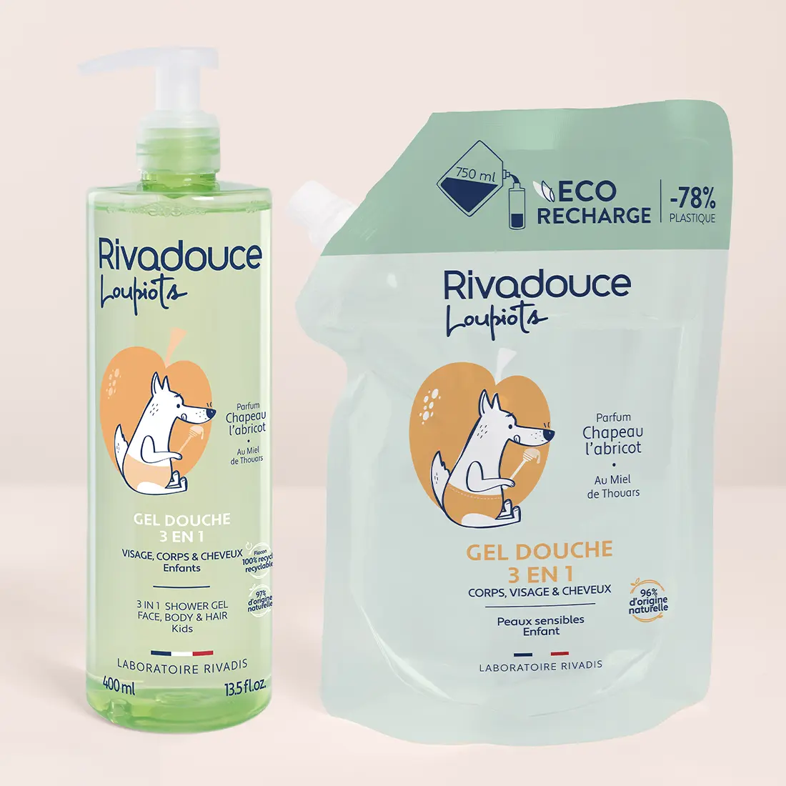 LOT FLACON 400ML + RECHARGE 750ML GEL DOUCHE LOUPIOTS CHAPEA